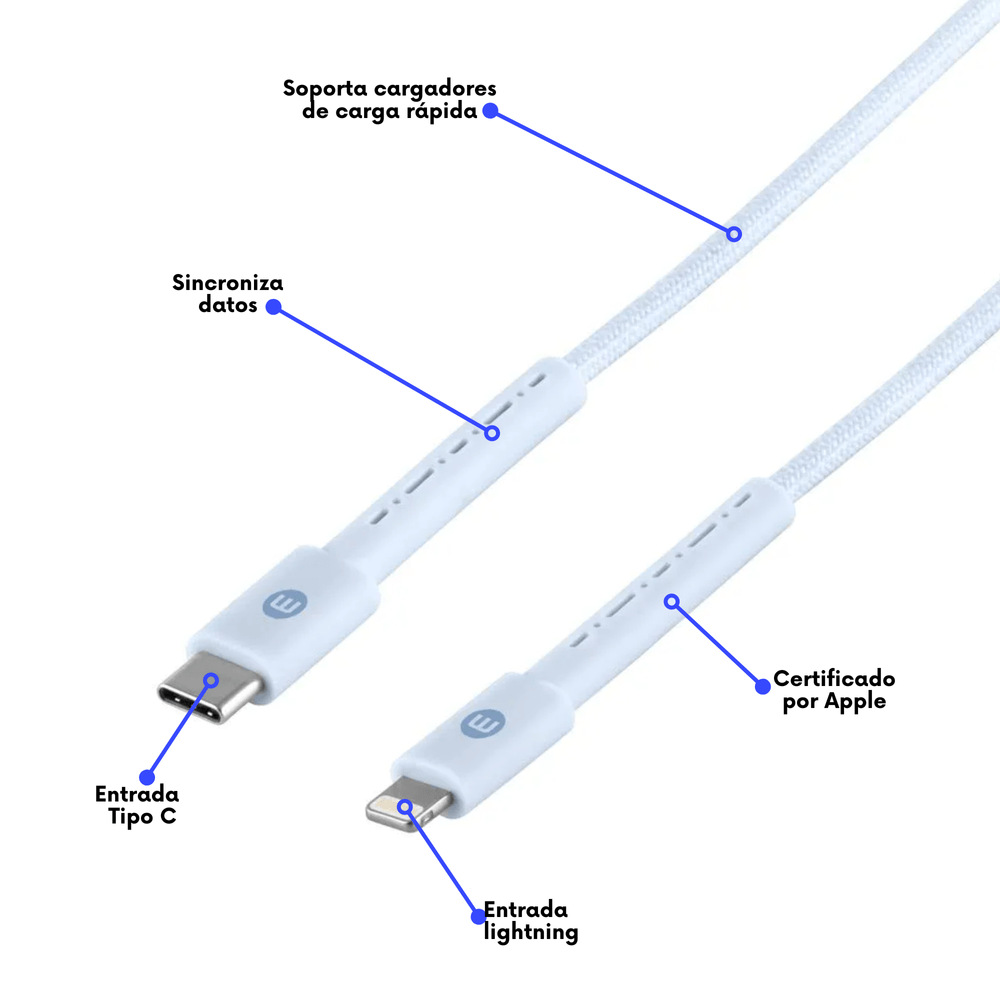 Cable Mobo Certificado Tide Tipo C A Lightning Azul 1.2m 3a - taptak